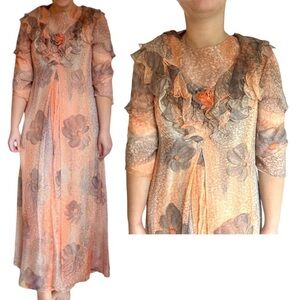 Maggie Reeves vintage Orange  Floral flowy dress couture 1970 - 1980 rare
